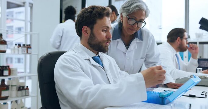 Research, blood and team with people in lab for outbreak, investigation and virus antibody test. Collaboration, sample vial and medical vaccine with scientists in disease center for genome pathogens