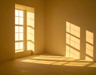 Sunlight casting long geometric shadows through tall window, abstract light play