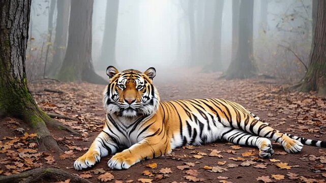 Tiger resting on leaves in a misty forest with trees in the background looking at the viewer tiger video