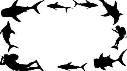 Diver surrounded by sharks underwater, an ocean adventure scene with marine life silhouettes and free space