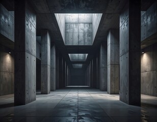 Symmetrical concrete hallway, brutalist style, moody lighting, abstract architecture