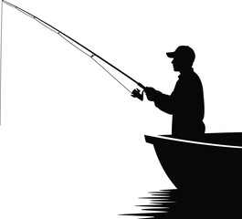 Vector art of fisherman in boat casting fishing rod