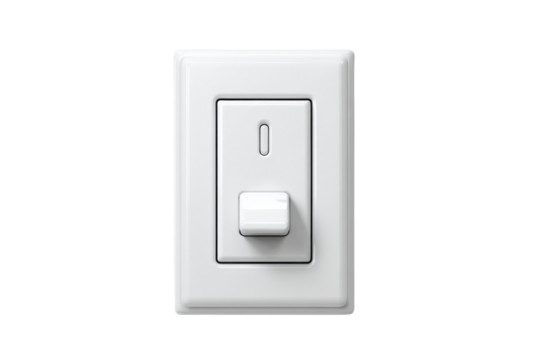 White light switch with toggle and indicator light on black background button, Isolated On Transparent Background, Png Cut Out