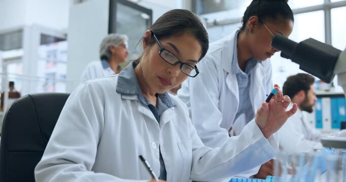 Medical, blood and writing with people in lab for outbreak research, investigation and virus antibody. Collaboration, sample vial and vaccine with scientists in disease center for genome pathogens