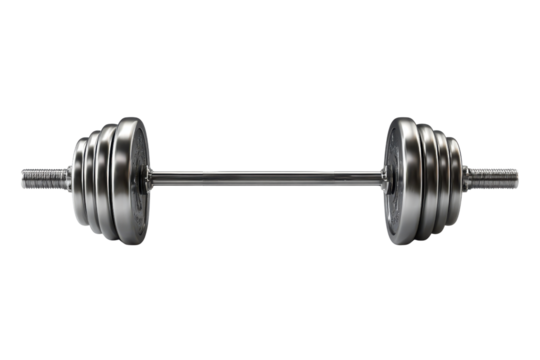 Silver barbell with stacked weight plates on black background lifting strength, Isolated On Transparent Background, Png Cut Out