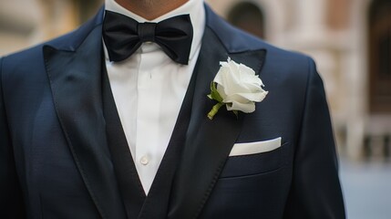 Stylish man in black suit with silk bow tie and white pocket square for formal occasions
