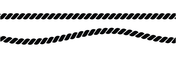 Rope, twine, jute , straight, wave and twisted with loops. Graphic line art hand drawn on the theme of sea and fishing in black and white ink. Set of elements isolated from the background in EPS 10.