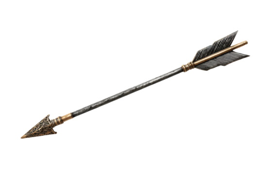 Ornate antique arrow with golden accents and feathered fletching on black vintage weapon, Isolated On Transparent Background, Png Cut Out