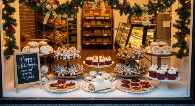 Bakery window display with Christmas decorations and a sign saying "Happy Holidays from our family to yours"