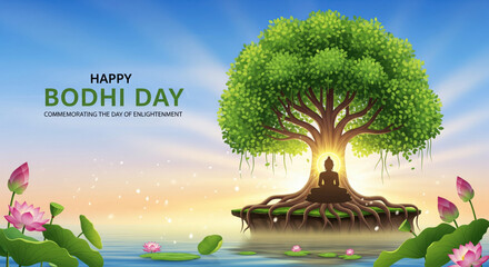 Bodhi Day celebration illustration with serene Buddha silhouette meditating under lush green tree, glowing light, lotus flowers, peaceful water, and sunrise background