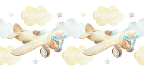 Wooden toy airplane with clouds and stars seamless border. Hand drawn watercolor illustration isolated. Pastel clip art for birthday cards, baby shower invitations and nursery wallpapers.