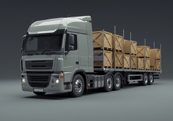 Modern logistics truck confidently transporting stacked wooden crates across vast industrial landscapes