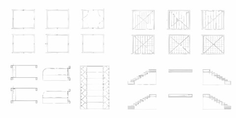 Architectural sketches of building components including squares grids shelves and staircases