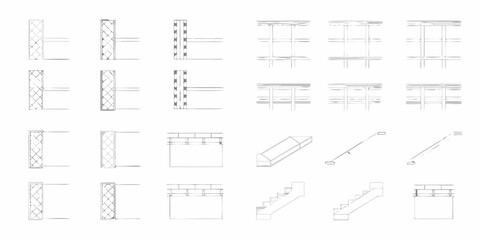 Architectural construction details and elements in a schematic drawing style