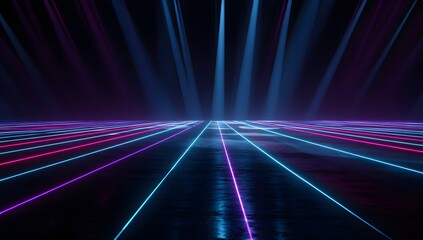 Futuristic digital landscape with glowing neon lines and beams of light creating an immersive sci fi environment