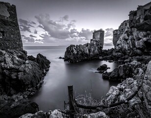 Black and white coastal scene featuring rocks and medieval towers