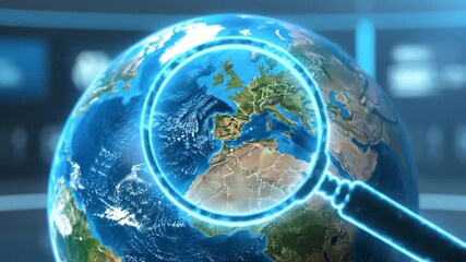 Exploration of Earth through digital globe, magnifying glass reveals Europe and North Africa, showcasing geography and technology in futuristic interface for global discovery - Powered by Adobe