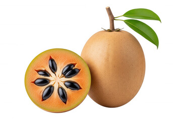 Brown fruit with black seeds and green leaves orange isolated on a transparent background