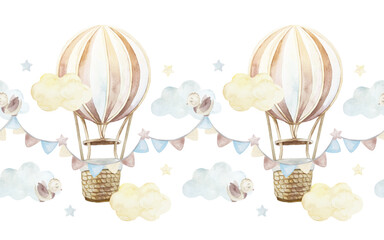 Hot air balloons, clouds, flags and birds seamless border. Hand drawn watercolor illustration isolated. Pastel clip art for birthday cards, baby shower invitations and nursery wallpaper.
