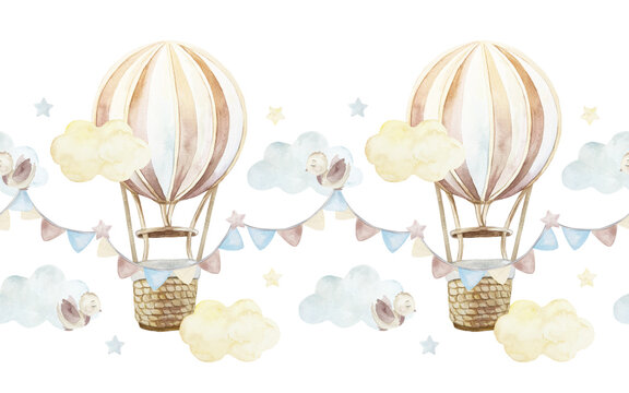 Hot air balloons, clouds, flags and birds seamless border. Hand drawn watercolor illustration isolated. Pastel clip art for birthday cards, baby shower invitations and nursery wallpaper. - Powered by Adobe