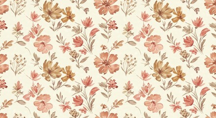 Ethereal watercolor floral pattern with delicate blooms in warm earth tones, perfect for creating a serene and elegant aesthetic in home decor or fabric design projects.