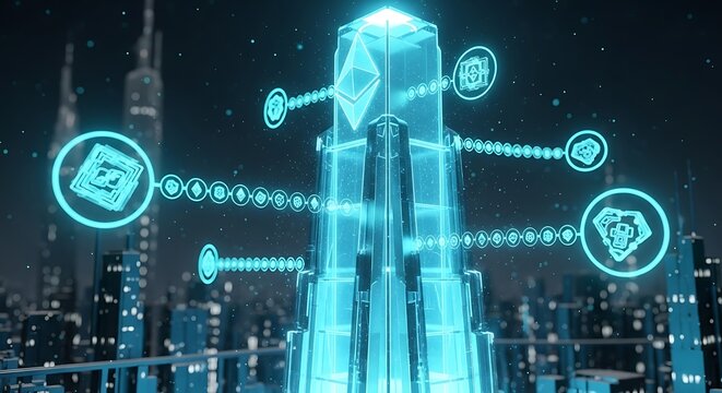 A futuristic cityscape with a central tower representing blockchain technology, connected to various cryptocurrency symbols, symbolizing digital finance