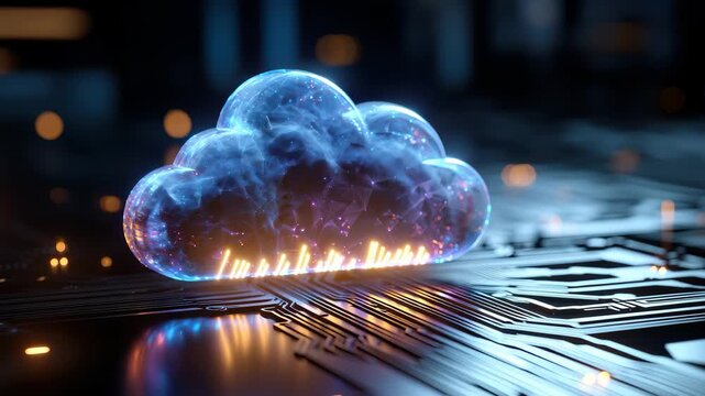 Illustration of cloud computing technology showcasing a glowing cloud above a circuit board in a dark, digital environment