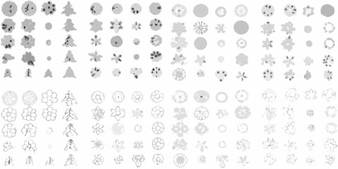 Collection of abstract geometric and floral shapes in various shades of gray on white background