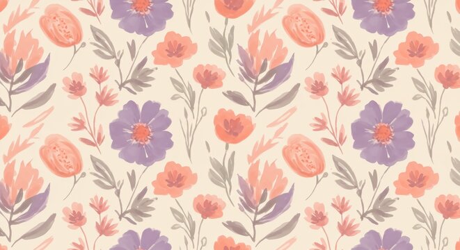 Charming watercolor floral pattern with soft coral and lavender blooms evokes natural beauty and serene springtime vibes for elegant textile designs and delightful stationery.