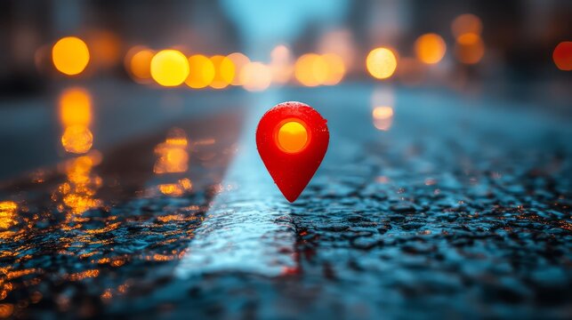 Red map pin on wet road with blurred city lights in background indicating location or navigation