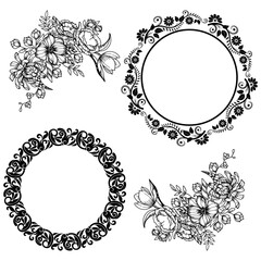 Vintage black and white floral ornate decorative elements featuring wreaths and corner flourishes for design