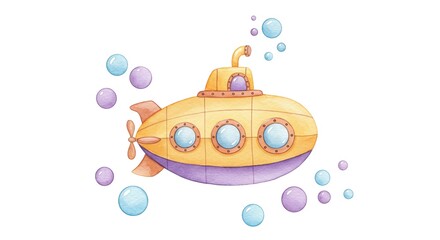 Fototapeta premium Charming yellow and purple submarine glides through vibrant blue and pink bubbles, perfect for children's stories, nautical themes, and underwater adventures.