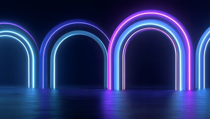 Illuminated arches with vibrant neon lights create a futuristic tunnel effect against a dark reflective background