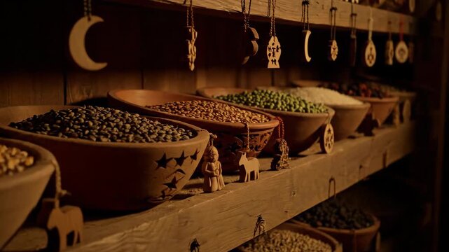 Pagan altar with bowls of grain, beans, and seeds on wooden shelves, featuring mystical charms and amulets, spiritual ritual footage.