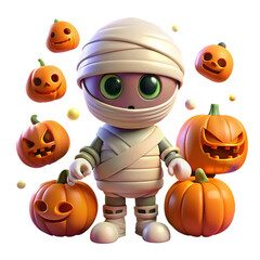 Obraz premium Cute cartoon mummy character surrounded by carved halloween pumpkins on a dark background