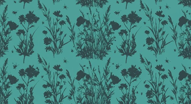 Charming botanical silhouette pattern featuring delicate wildflowers and tiny insects in a repeating seamless design, perfect for elegant textiles and sophisticated stationery backgrounds.