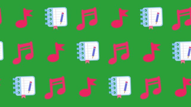 Seamless pattern of musical note and composition notebook icons in a green screen background animation. Repeating wallpaper with eighth note and music writing symbols. Music education backdrop sign.