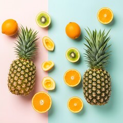 Pineapples, oranges and kiwis on a split pink and blue background overhead shot