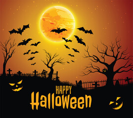 Halloween night with pumpkins under a spooky moonlit sky