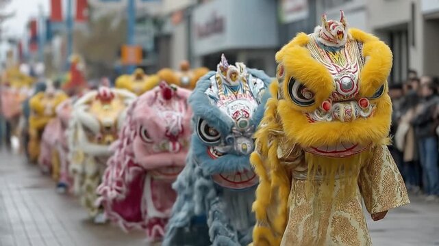 Colorful lion dance parade on city street celebrating festive event