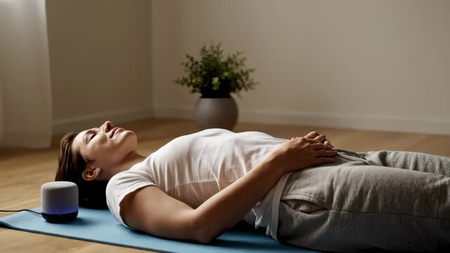 Woman Relaxing on Yoga Mat With Aroma Diffuser at Home
