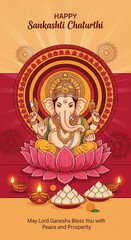 Obraz premium Happy Sankashti Chaturthi greeting card with Lord Ganesha sitting on pink lotus, surrounded by traditional lamps, sweets, and intricate mandala patterns, conveying peace and prosperity