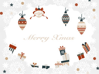 雪のパターンとオーナメントのクリスマスフレーム素材/Snow Pattern and Ornament Christmas Frame Illustration (Watercolor Style)	
