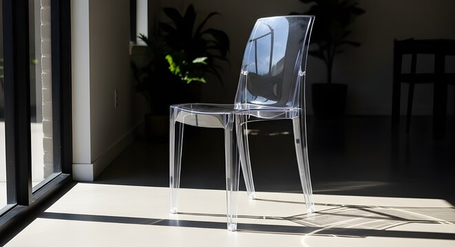 A transparent chair stands in a sunlit room isolated on white background - Powered by Adobe