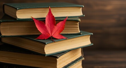Naklejka premium Stack of books with autumn leaf