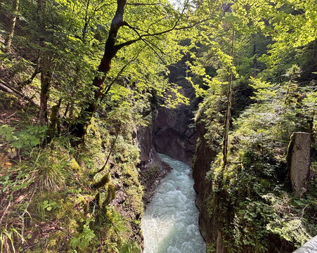 Panorama of the entrance to the Partnachklamm rock gorge created by the Partnach mountain river.