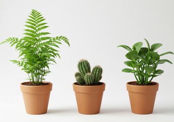Obraz premium Vibrant green houseplants including lush fern, spiky cactus cluster, and leafy peperomia in terracotta pots create a fresh, modern indoor oasis for serene home decor or natural business branding.