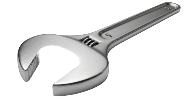Gleaming adjustable wrench on silver surface