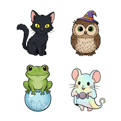 Fototapeta premium Cartoon illustration of a black cat, owl, frog, and mouse on a white background.