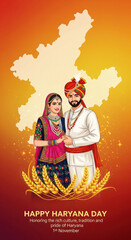Fototapeta premium Traditional Haryana couple ethnic dress wheat map orange background festive smiling jewelry celebration Indian culture November